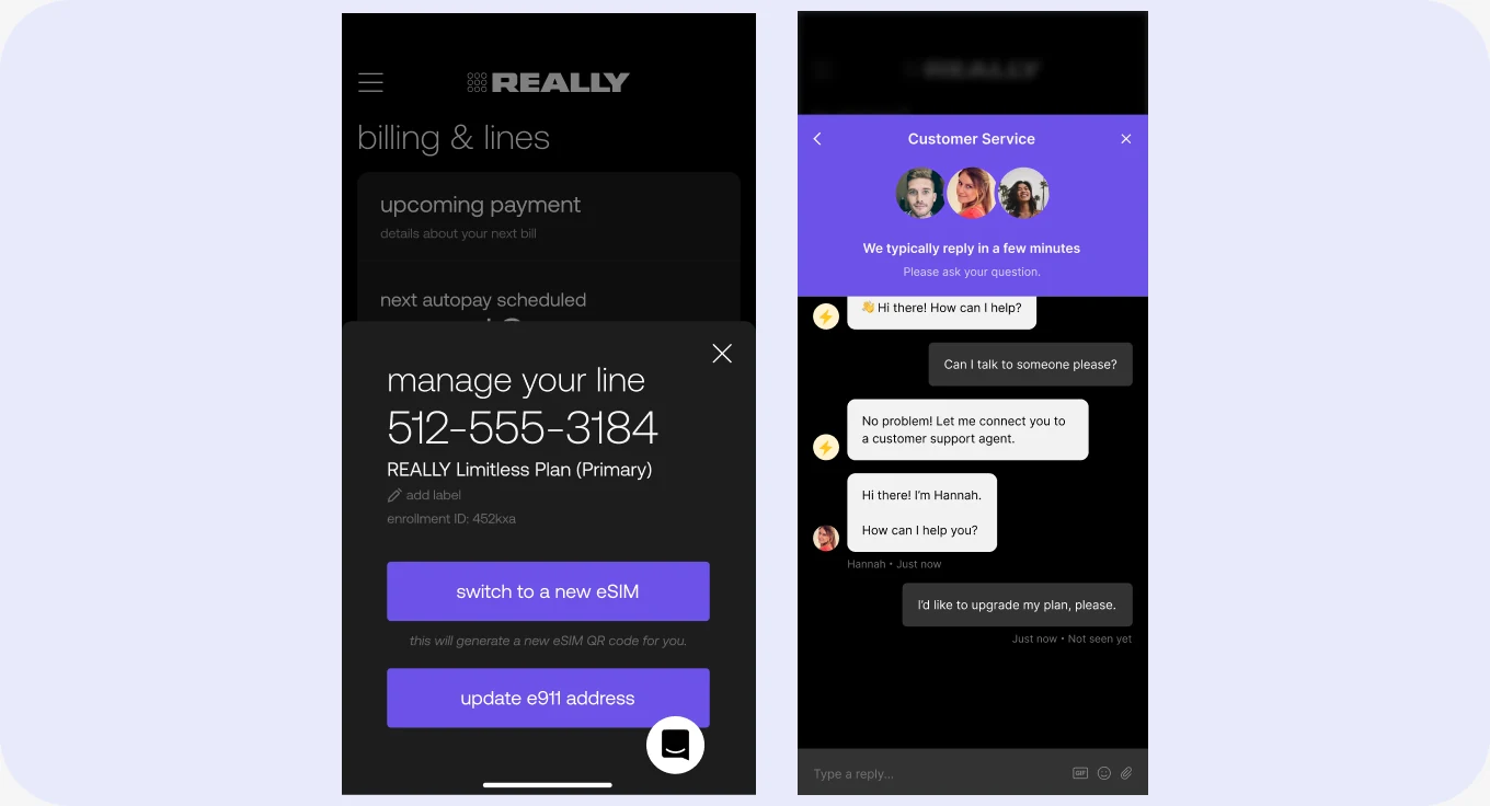Manage-your-line screen and in-app support chat