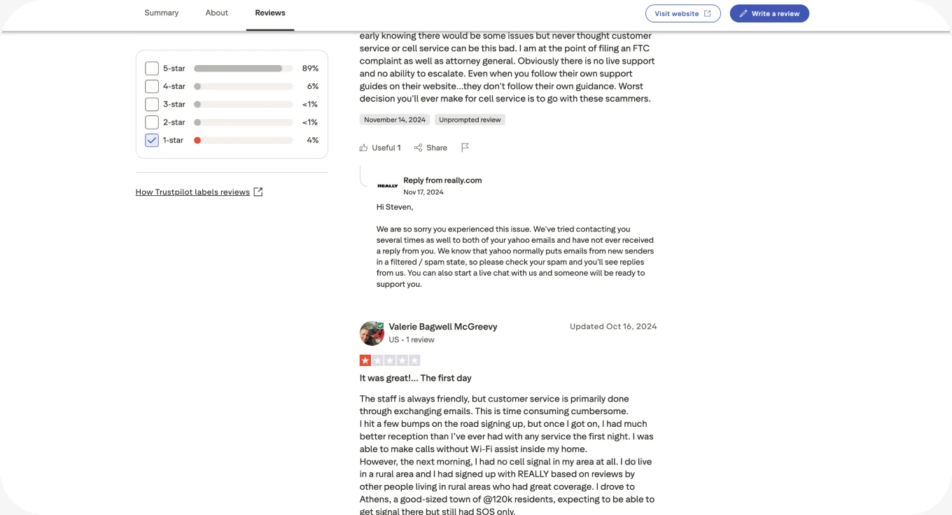 Trustpilot customer reviews naming the same failures