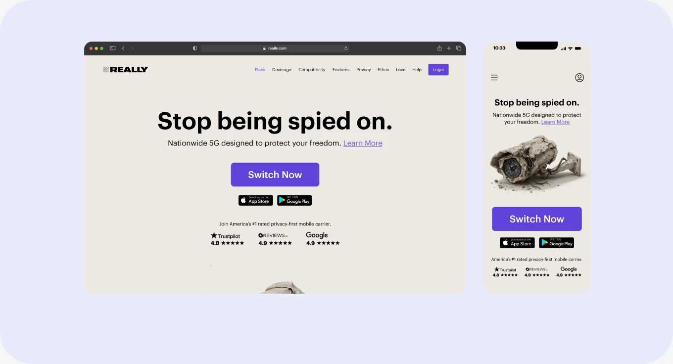 REALLY “Stop being spied on” onboarding — desktop and mobile
