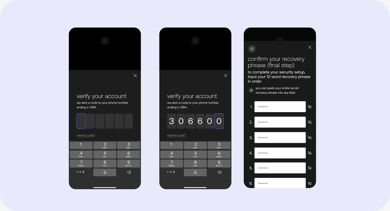 Account verification and recovery-phrase screens
