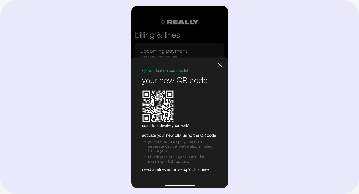 eSIM QR-code activation screen for easy porting